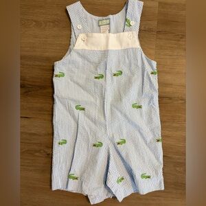 Striped Blue and White Seersucker Shortall with Green Aligators